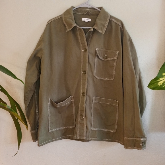 Topshop Olive Green Khaki Barn Chore Coat Contrast Stitched Casual Utility 12 - Picture 5 of 9